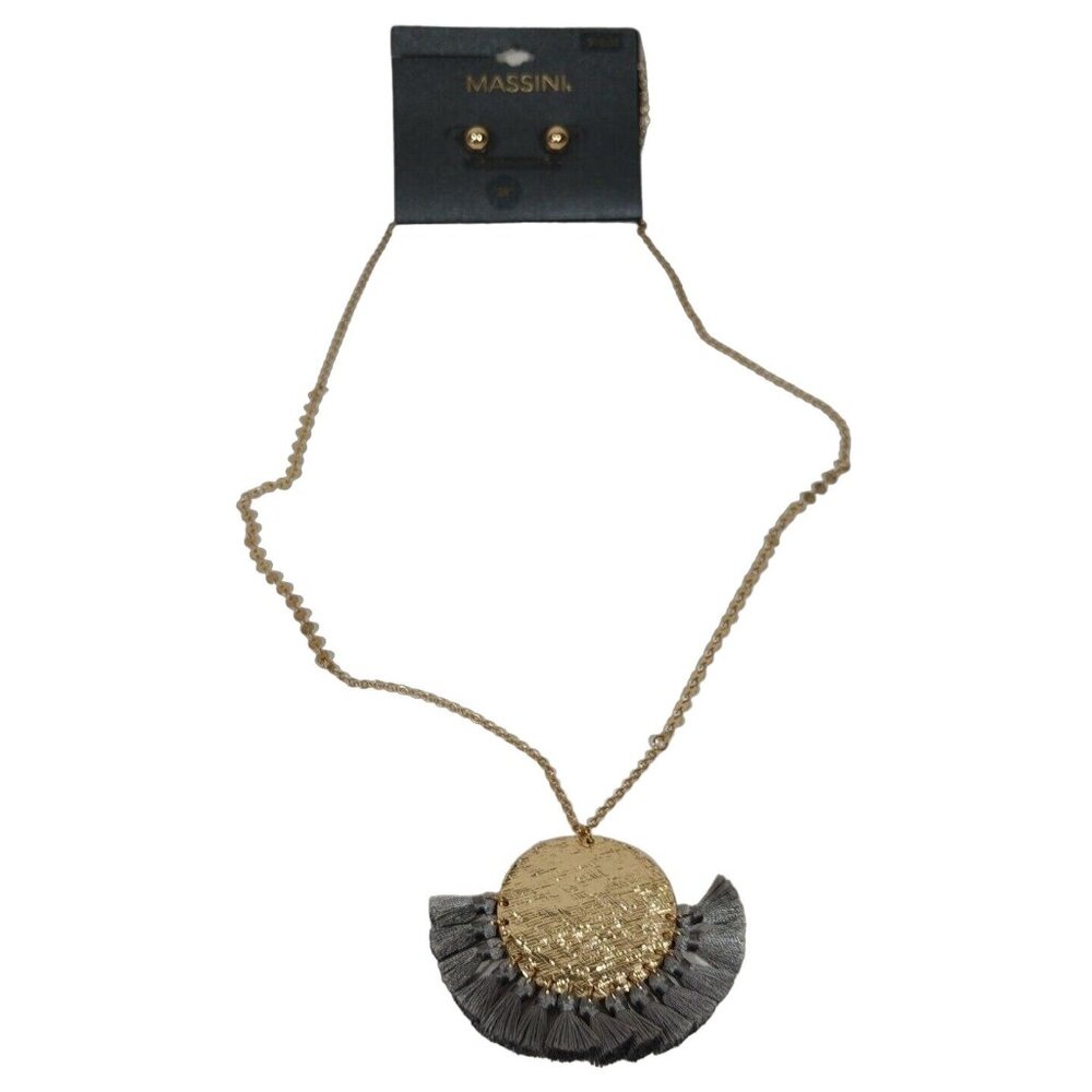 Massini 2 PC Set Gold Tone Gray Tassels Necklace And Stud Earrings Jewelry 28"